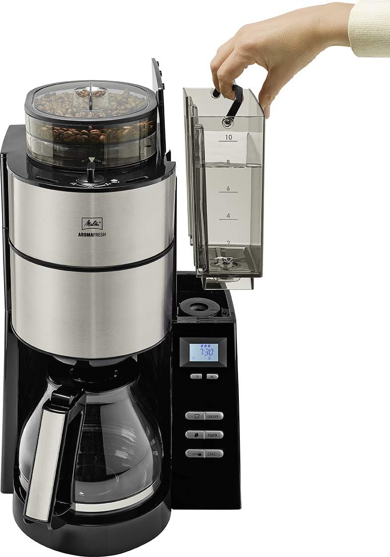 Melitta AromaFresh - Cafetera de filtro - con jarra de cristal - molinillo integrado - función de temporizador - 10 tazas - Negro puro