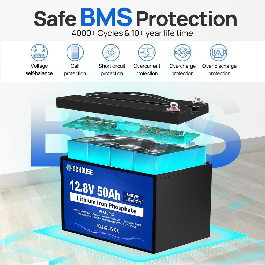 Batería de litio LiFePO4 DCHOUSE 12V 50Ah, BMS integrado, vida útil de 10 años, más de 4000 ciclos, perfecta para barcos, aplicaciones marinas, motores de arrastre, camping, energía solar/eólica