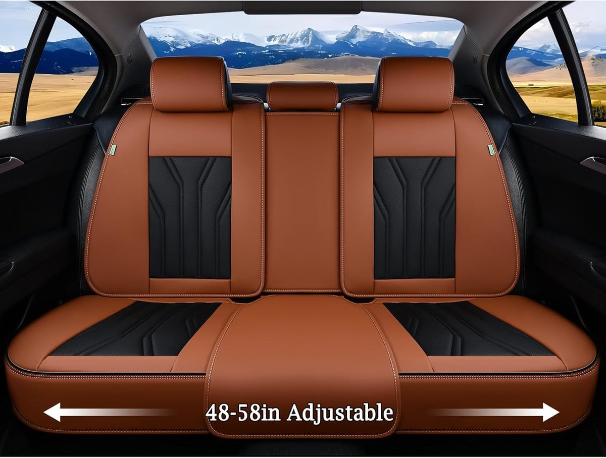 Fundas de asiento trasero FLORICH, fundas de asiento de coche de piel, protector de asiento trasero impermeable, cojín de asiento universal para la mayoría de coches, camionetas y SUV - Marrón y negro