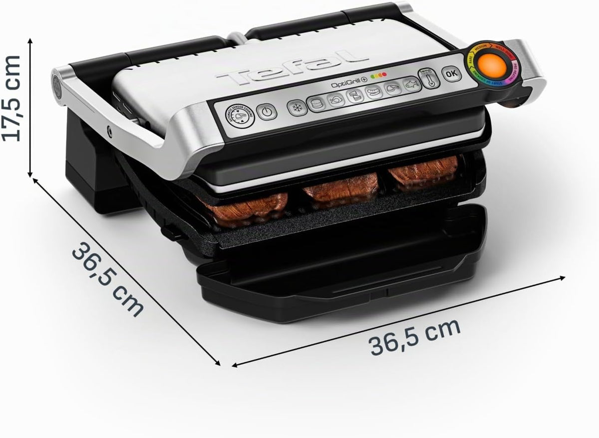 Tefal OptiGrill+ Parrilla de contacto, 6 programas, indicador de nivel de cocción, placas extraíbles, modo manual, resultados de asado óptimos gracias a la medición del grosor, parrilla eléctrica, acero inoxidable, GC712D12