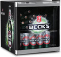 Mininevera para bebidas CUBES BECK’S de 48 l (negro/verde) – Refrigerador compacto para botellas con puerta de cristal y sentido de apertura reversible – Silencioso y eficiente energéticamente – Bar, cocina y gaming – Enfriador de bebidas