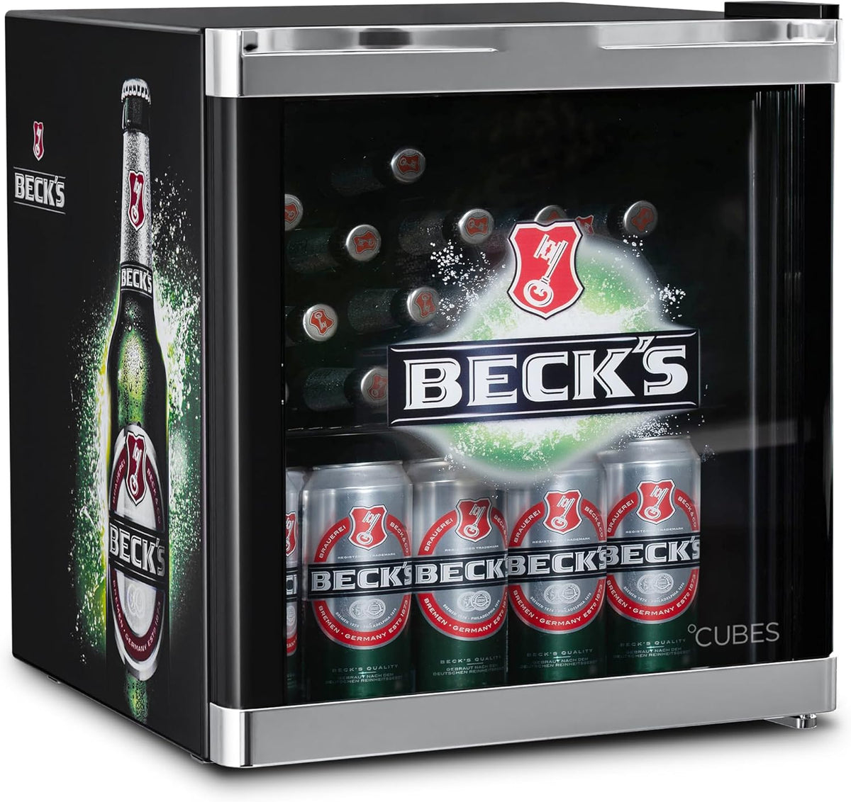 Mininevera para bebidas CUBES BECK’S de 48 l (negro/verde) – Refrigerador compacto para botellas con puerta de cristal y sentido de apertura reversible – Silencioso y eficiente energéticamente – Bar, cocina y gaming – Enfriador de bebidas