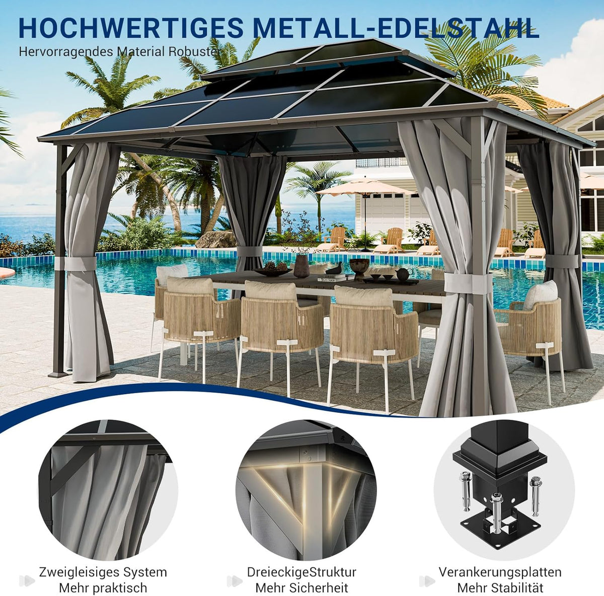 UDPATIO Gazebo de 3x4 m de policarbonato con doble techo y cortinas, aleaciones resistentes a la intemperie - Cenador de jardín impermeable, estable, resistente al invierno, con protección UV, postes de 6x6 cm de grosor para jardín, terraza, gris