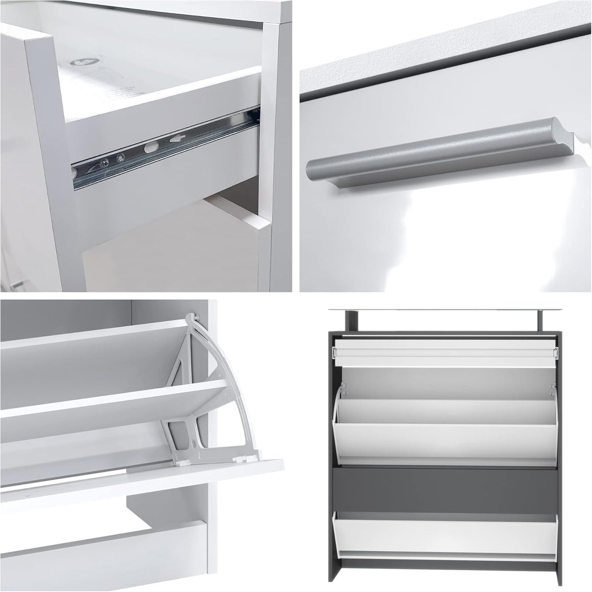 Zapatero Vladon Loret, mueble basculante para 16 pares de zapatos con 2 puertas abatibles, 1 cajón y estante de cristal, negro mate/gris alto brillo (89 x 104 x 23 cm)