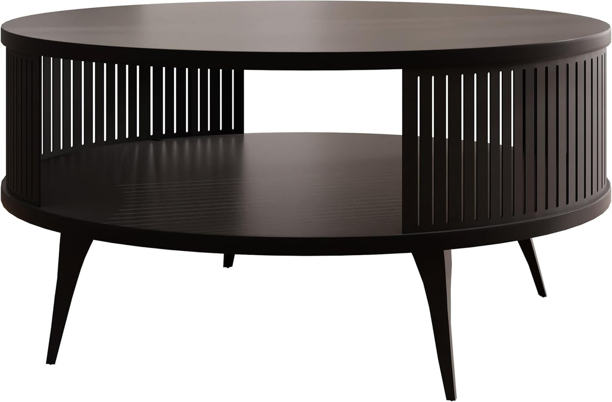 Mesa de centro Mirjan24 Rajkon con estante, forma redonda, patas de metal, mesa de café, mesas de salón, mesa auxiliar, mesa de sofá, mesa de té (Negro Molet, Negro)