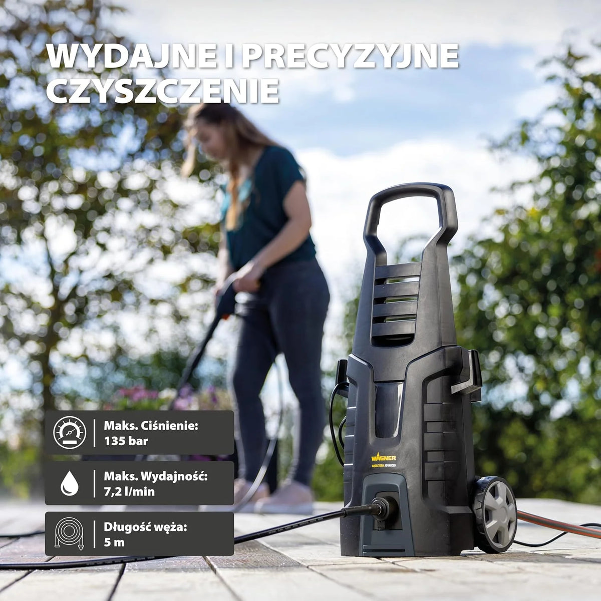 WAGNER AQUASTORM ADVANCED - Wydajna myjka ciśnieniowa do szybkiego i skutecznego czyszczenia, w zestawie standardowa- i turbo dysza