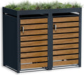 Caja para 2 cubos de basura Metzler de 240L en antracita y efecto madera con techo para plantas y franjas visuales, revestimiento para 2 cubos con tapa automática, caseta para basura de acero con recubrimiento en polvo inoxidable, con cerradura
