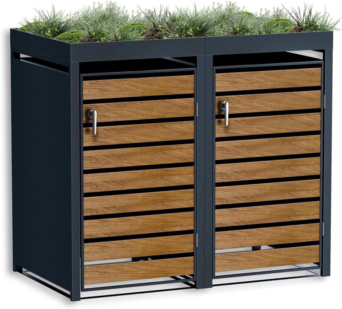 Caja para 2 cubos de basura Metzler de 240L en antracita y efecto madera con techo para plantas y franjas visuales, revestimiento para 2 cubos con tapa automática, caseta para basura de acero con recubrimiento en polvo inoxidable, con cerradura