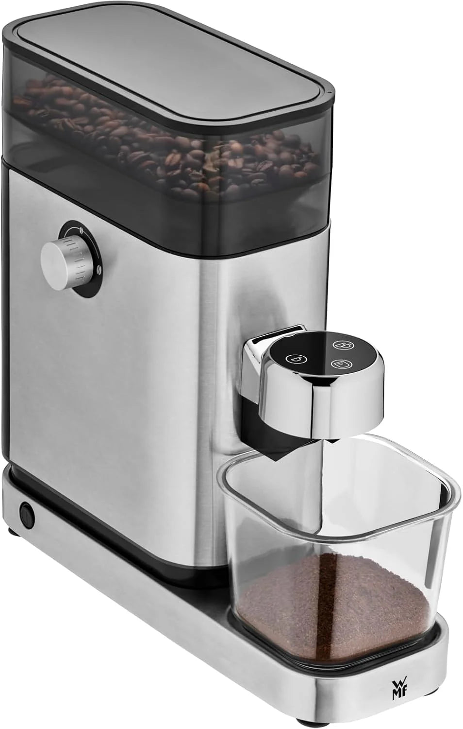 WMF Lumero elektryczny młynek do espresso 150 W, przyciski dotykowe LED, 40 stopni mielenia, pojemnik na kawę, stal nierdzewna Cromargan matowa