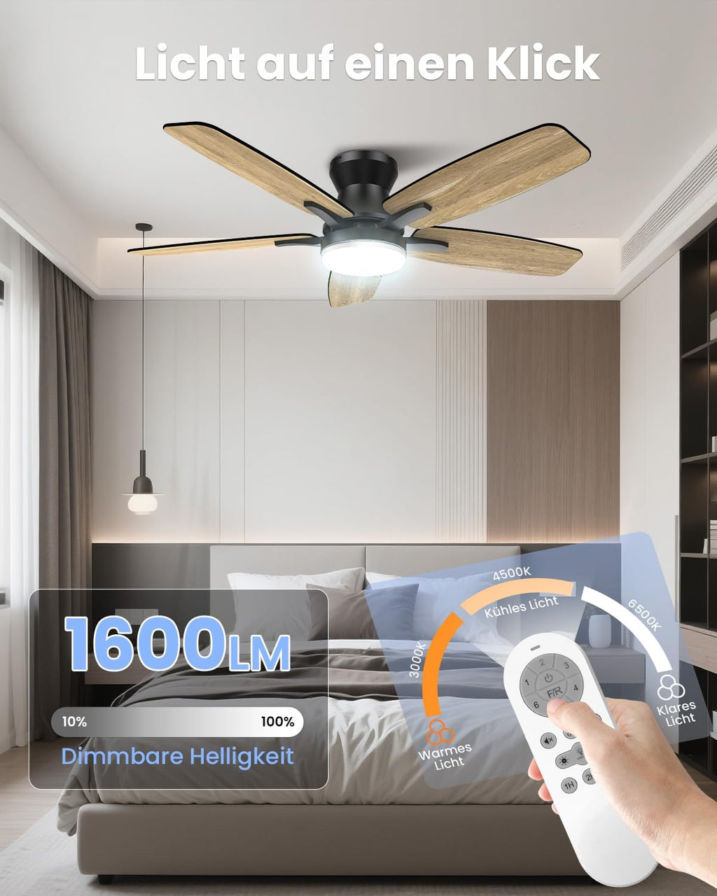 Ventilador de techo Airwit de 106 cm con iluminación y mando a distancia, ventilador de techo con luz, motor CC silencioso de 20 dB, LED de 18 W regulable, temporizador, aspas reversibles, para dormitorio y salón