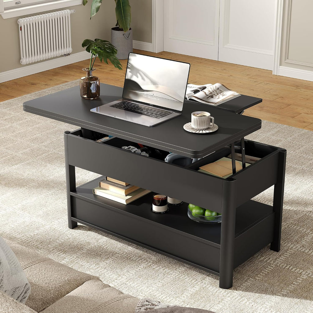 Mesa de centro elevable Furnihold con cajones y compartimento secreto, mesa de salón convertible en mesa de comedor, negro