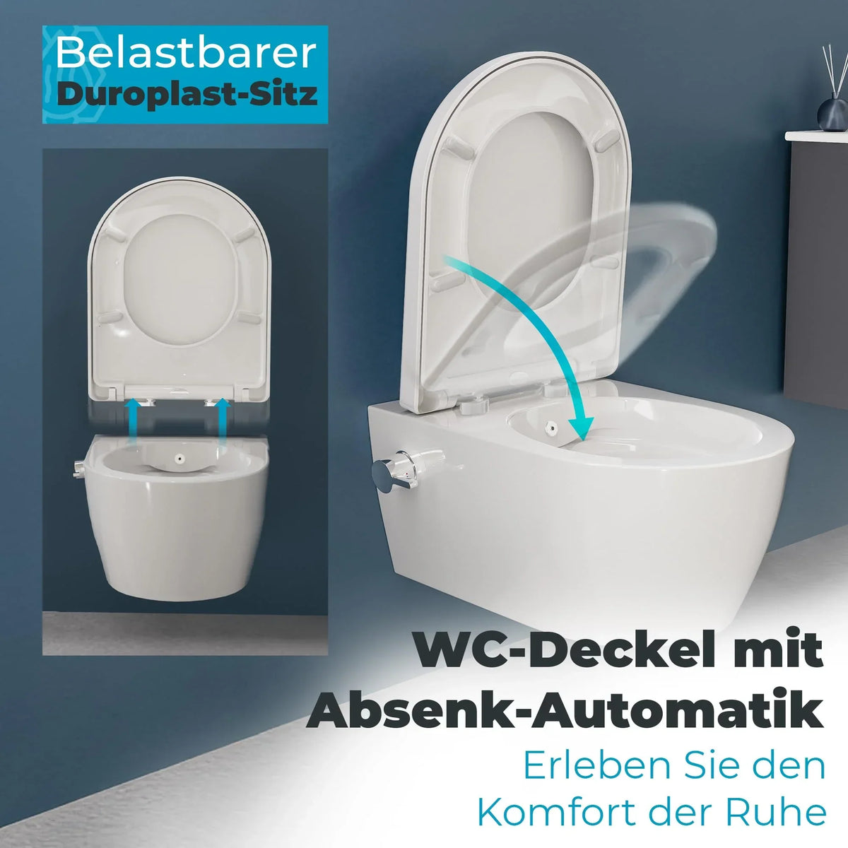 Inodoro con bidet suspendido SSWW sin reborde, 52 cm, boquilla de acero inoxidable, asiento de duroplast con cierre suave, revestimiento nano, agua fría y caliente