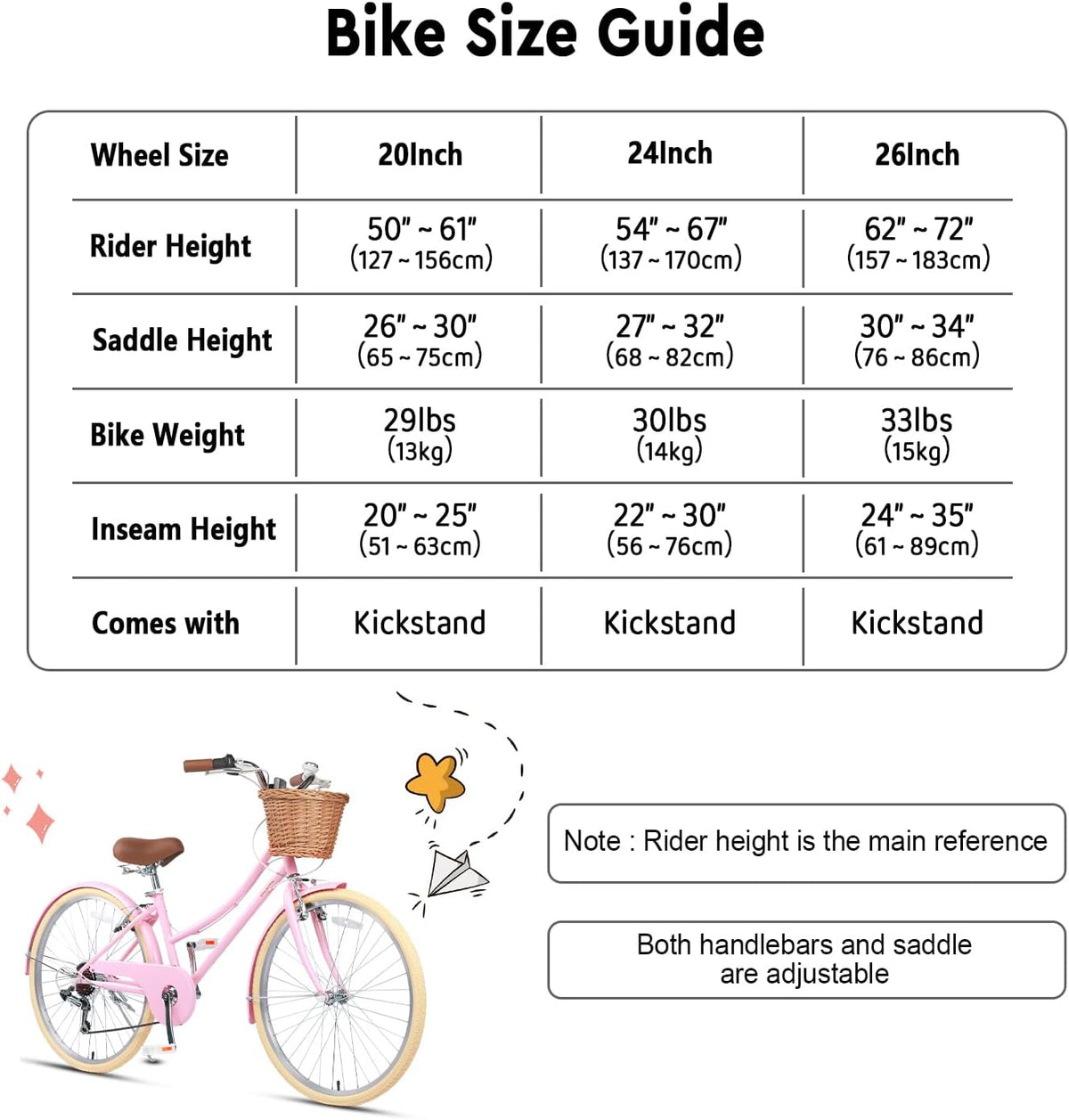 Glerc Missy 20, 24, 26 pulgadas bicicleta híbrida urbana tipo crucero para niñas, de 6 velocidades, con cesta de mimbre, para jóvenes mayores de 6 años, varios colores