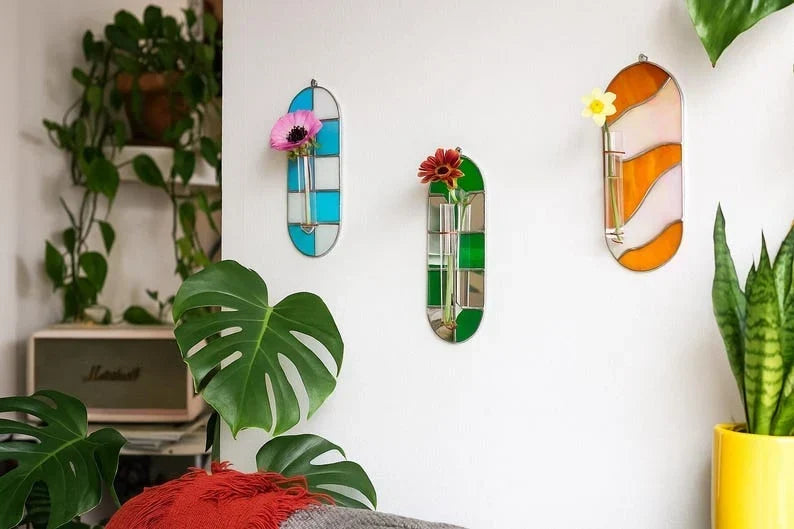 Florero de pared con tubo de ensayo, vidrio de colores, azul turquesa y blanco ópalo, Colección Funky, estación de propagación