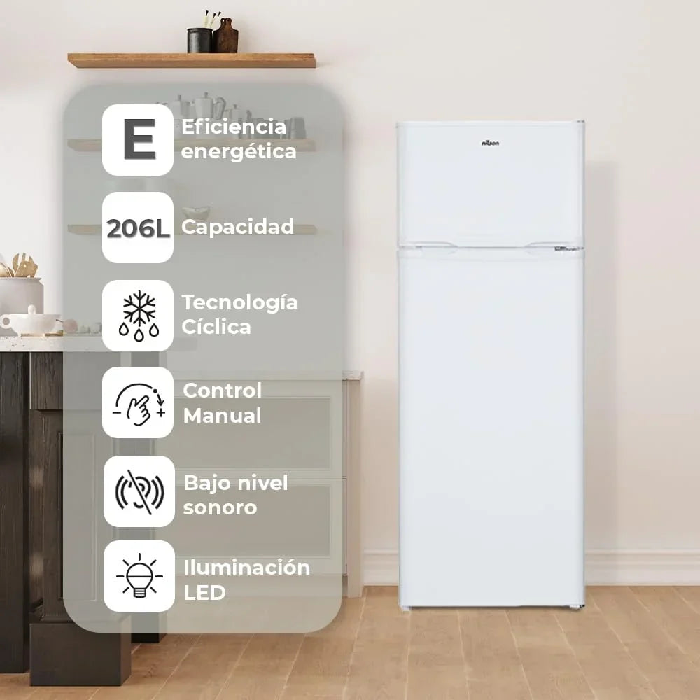 FRIGORÍFICO NILSON 2 Puertas Blanco NF145500E. Capacidad 206 Litros, Puerta Reversible, Bajo Nivel Sonoro, Eficiencia Energética Clase E
