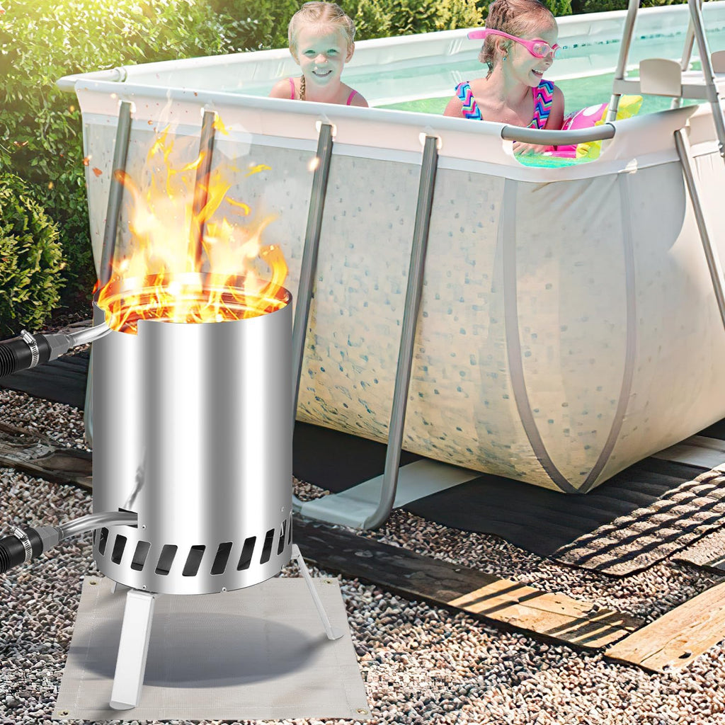 Calentador de piscina de leña Fiqops, calefactor de piscina con fuego, calentador de piscina de acero inoxidable tipo barril, horno para piscina con conexiones de 32-38 mm, calentador de piscina exterior de leña, con alfombrilla ignífuga y bandeja