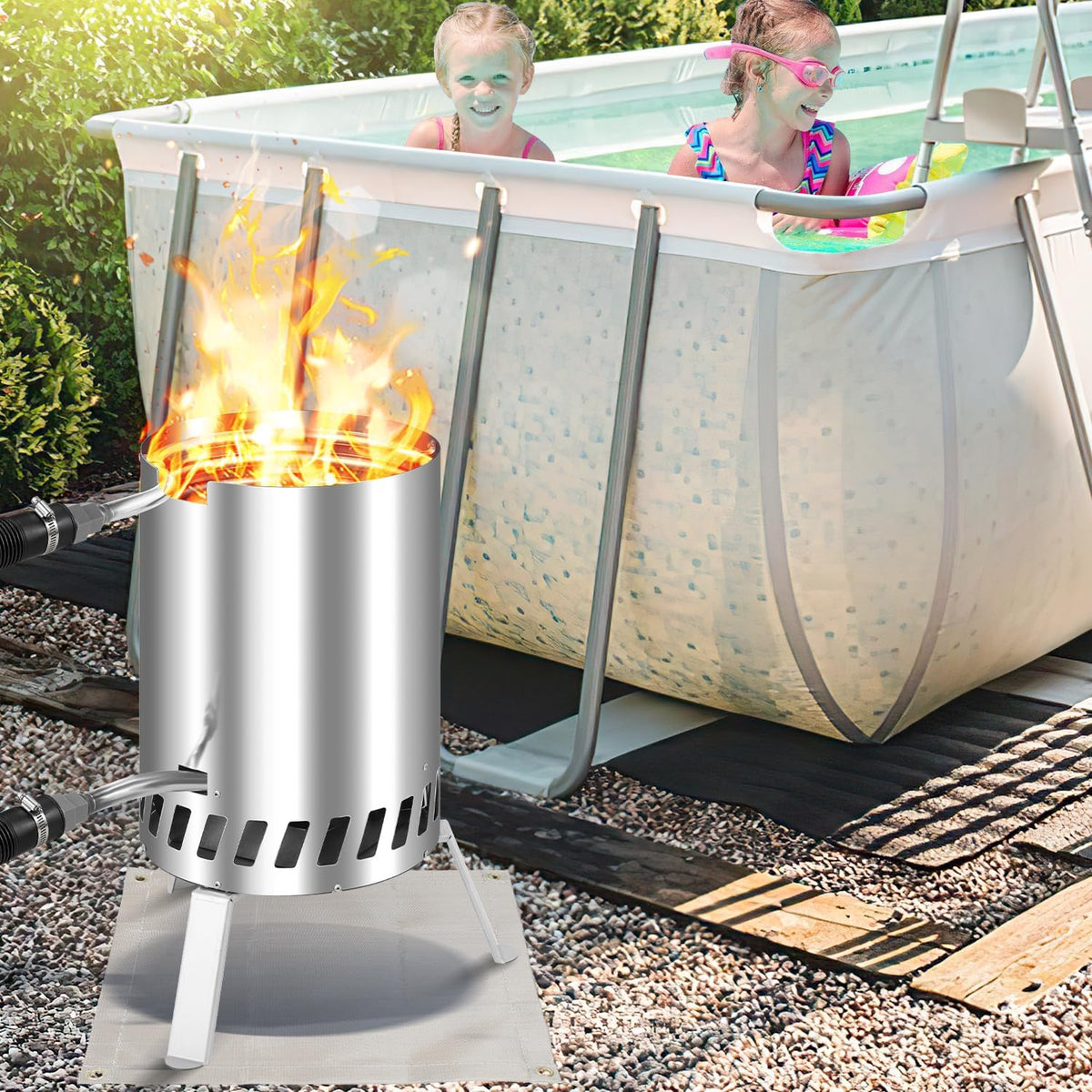Calentador de piscina de leña Fiqops, calefactor de piscina con fuego, calentador de piscina de acero inoxidable tipo barril, horno para piscina con conexiones de 32-38 mm, calentador de piscina exterior de leña, con alfombrilla ignífuga y bandeja