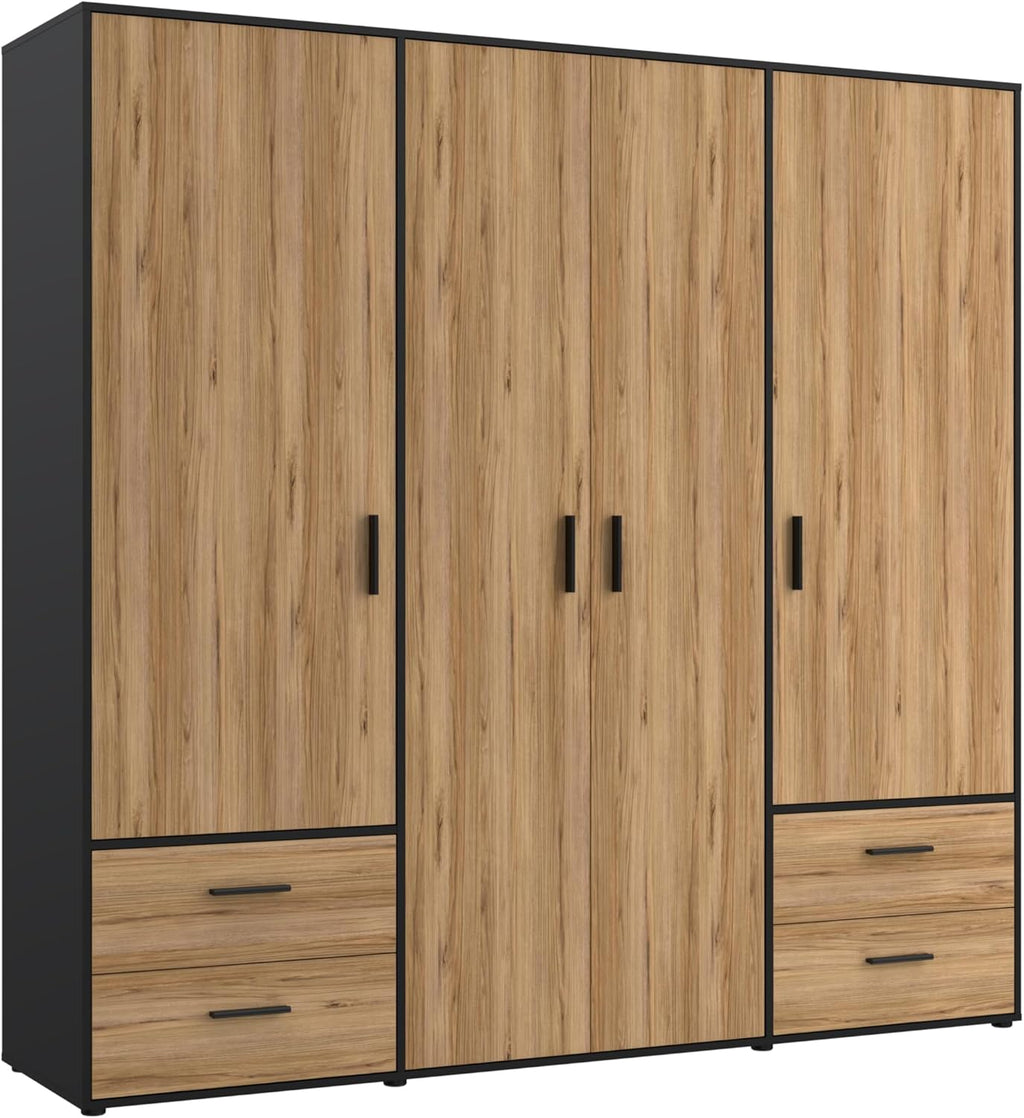 Armario FORTE Jupiter 200 210, armario ropero, armario de puertas batientes, 4 puertas, con 4 cajones y estantes, negro con decoración de madera: roble Catania, 206 cm de ancho x 53 cm de profundidad x 200 cm de alto