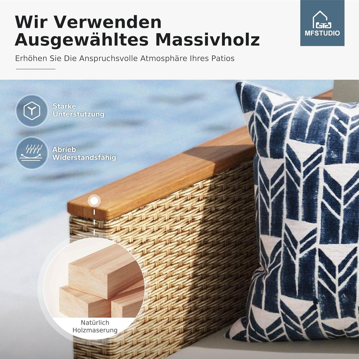 MFSTUDIO Juego de muebles de jardín de ratán de 3 piezas con cojines beige para 4 personas, pequeño sofá de exterior en forma de L con mesa de madera, conjunto de salón de jardín para terraza, balcón
