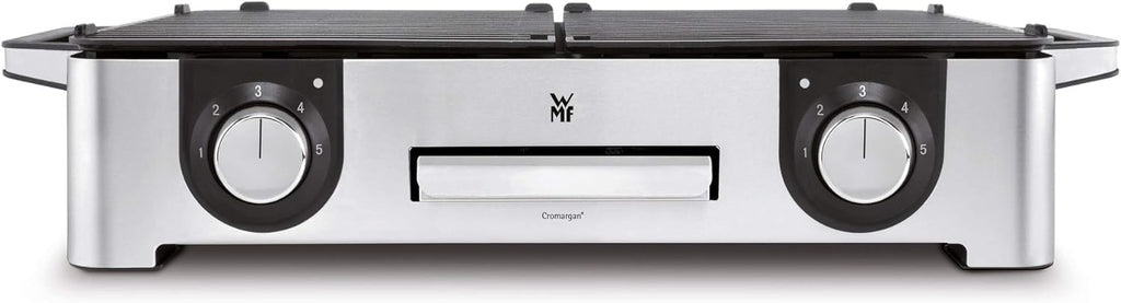 WMF Lono Master-Grill, parrilla eléctrica, 50x28 cm, parrilla de mesa eléctrica con protector contra el viento y bandeja de goteo, certificada para uso en exteriores, 2 superficies de cocción regulables por separado, 2400 W, acero inoxidable mate