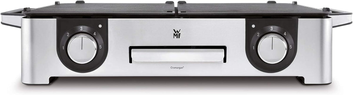 WMF Lono Master-Grill, parrilla eléctrica, 50x28 cm, parrilla de mesa eléctrica con protector contra el viento y bandeja de goteo, certificada para uso en exteriores, 2 superficies de cocción regulables por separado, 2400 W, acero inoxidable mate