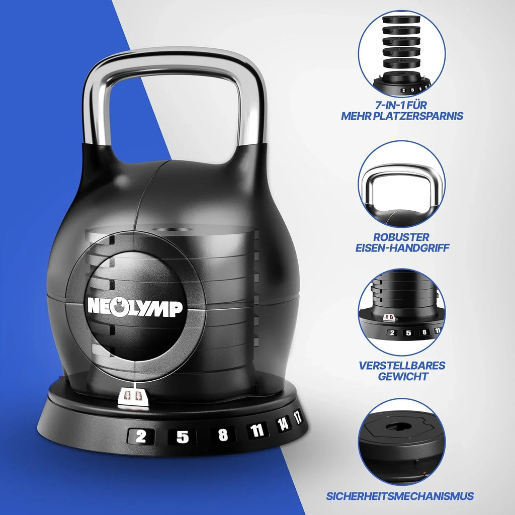 Kettlebell ajustable 7 en 1 de 2 a 20 kg para entrenamiento de cuerpo completo con mango de acero inoxidable resistente y sistema de pesas