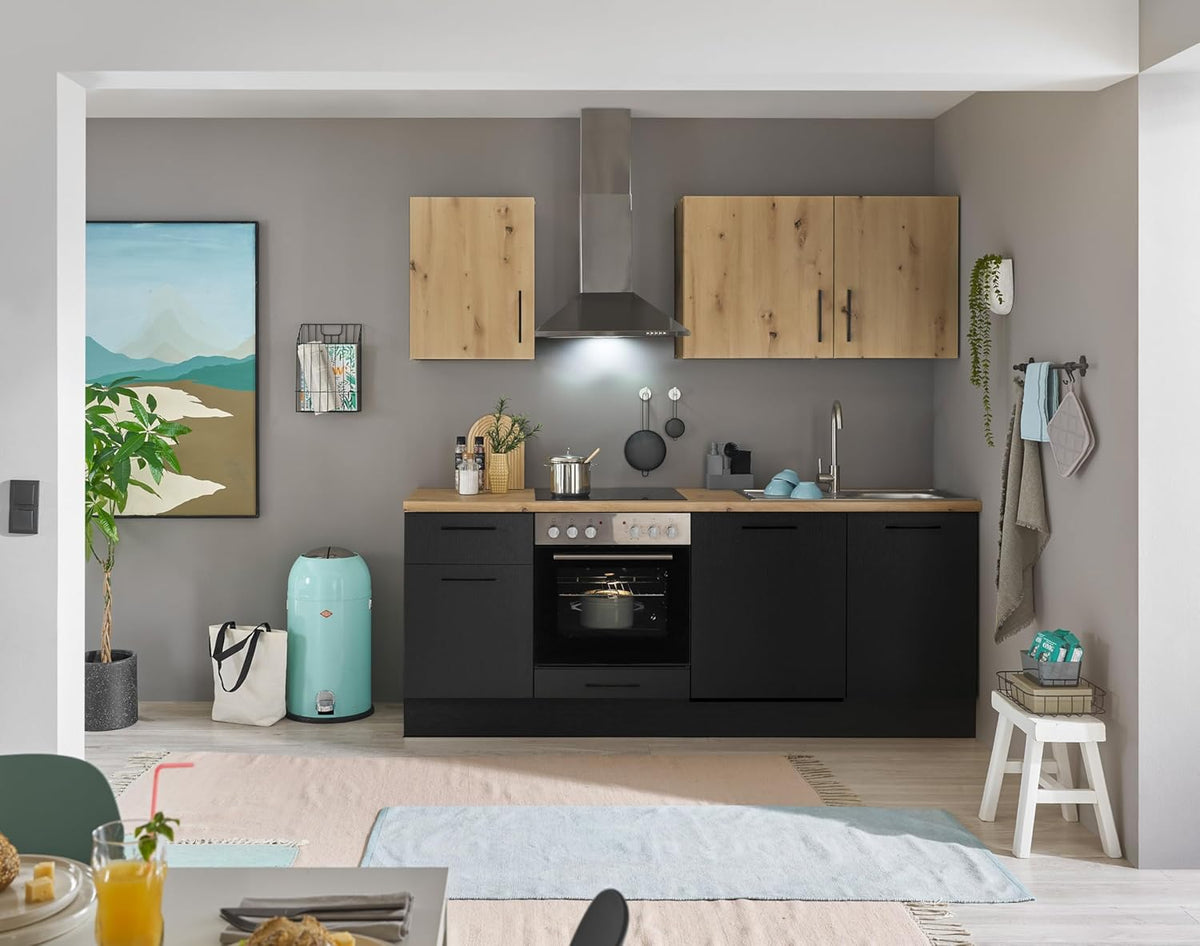 Stella Trading Turin Z Cocina compacta 220 x 211 x 60 cm, negro - Sin electrodomésticos - Cocina moderna y espaciosa en aspecto de roble Artisan con mucho espacio de almacenamiento
