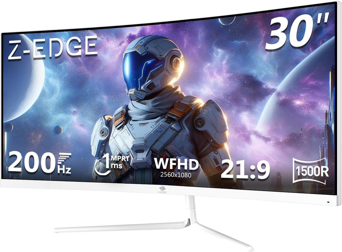 Monitor Gamer Curvo Z-Edge Blanco 30'' 200Hz, 1ms, 2560x1080, FreeSync, Monitor Gaming Blanco Ultra ancho 21:9, Inclinación Ajustable, 1500R, 2×HDMI2.0 & 2×DP1.4, RGB, VESA 75*75mm (Cable DP incluido)