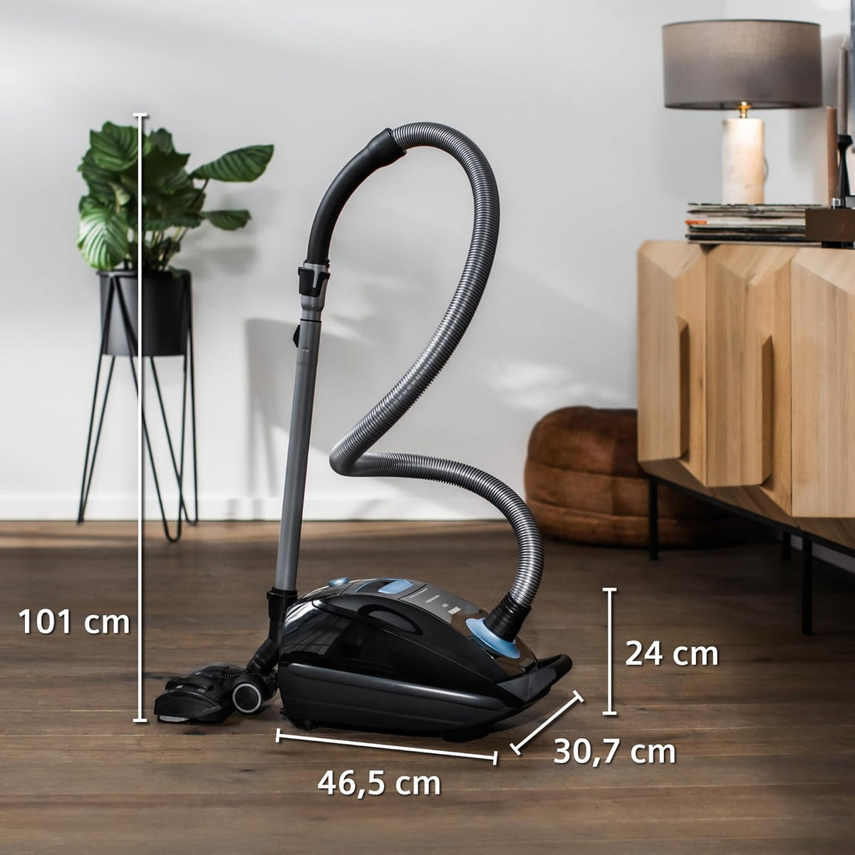 Aspiradora con bolsa Siemens Q5.0 Extreme silencePower VSQ5X1232, para alérgicos, filtro higiénico, gran potencia de succión en parqué, alfombras y baldosas, cable largo, fabricada en Alemania, 850 W, negra