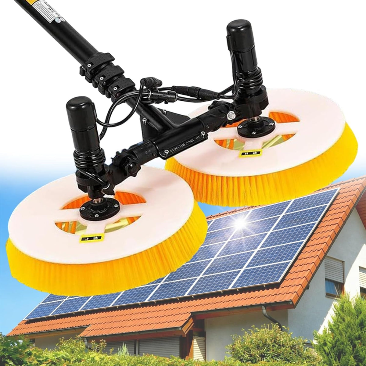 Cepillo de limpieza solar profesional para exteriores, cabezal de doble rotación, 65 cm/25.59 pulgadas de ancho de trabajo, pértiga telescópica, resistente al agua y ahorro de energía, para instalaciones fotovoltaicas (red eléctrica, 7.5 m)