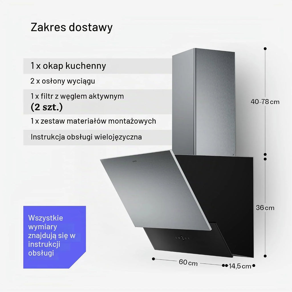 Klarstein Okap kuchenny, Verosteel 60 cm – Okap przyścienny skośny, 624 m³/h, energooszczędny A++, dotykowy, LED, cichy, ze stali nierdzewnej i szkła, filtr przystosowany do mycia w zmywarce