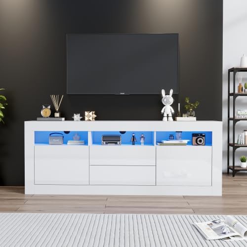 Mueble para TV Merax con iluminación LED, mueble bajo de 160 cm en blanco de alto brillo, sistema de apertura por presión, gran espacio de almacenamiento para salón, control por Bluetooth para la iluminación LED