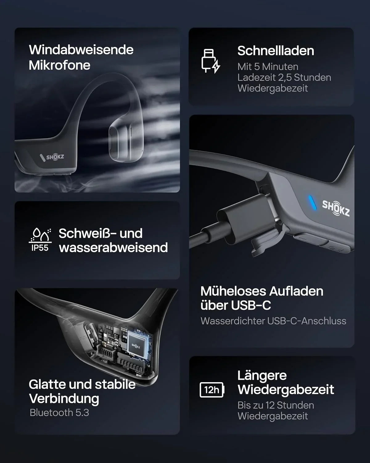 Auriculares de conducción ósea Open-Ear S820 Bluetooth 5.3 deportivos IP55, 12 h de reproducción, carga rápida USB-C, micrófono