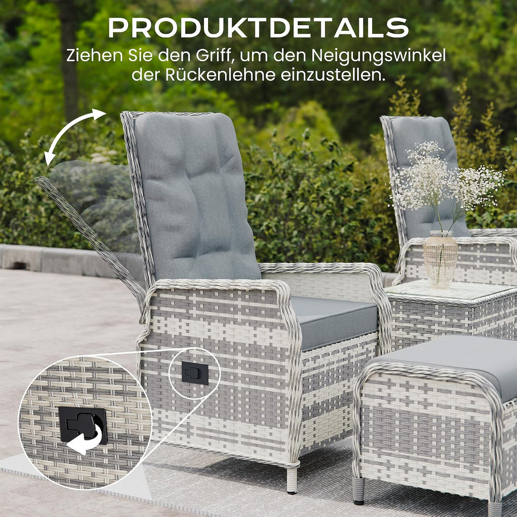 Set de muebles de jardín de ratán de 5 piezas, conjunto de conversación para patio con 2 sillas, 2 taburetes y 1 mesa, respaldos ajustables y cojines suaves, para terrazas, jardines y patios, gris