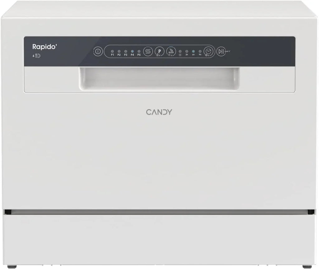 Candy CP 6E51LW Lavavajillas pequeño y compacto, 6 servicios, digital, 51 dBA, 5 ciclos, media carga, inicio diferido 3-6-9 horas, indicador de sal y abrillantador, indicador de fin de ciclo, blanco