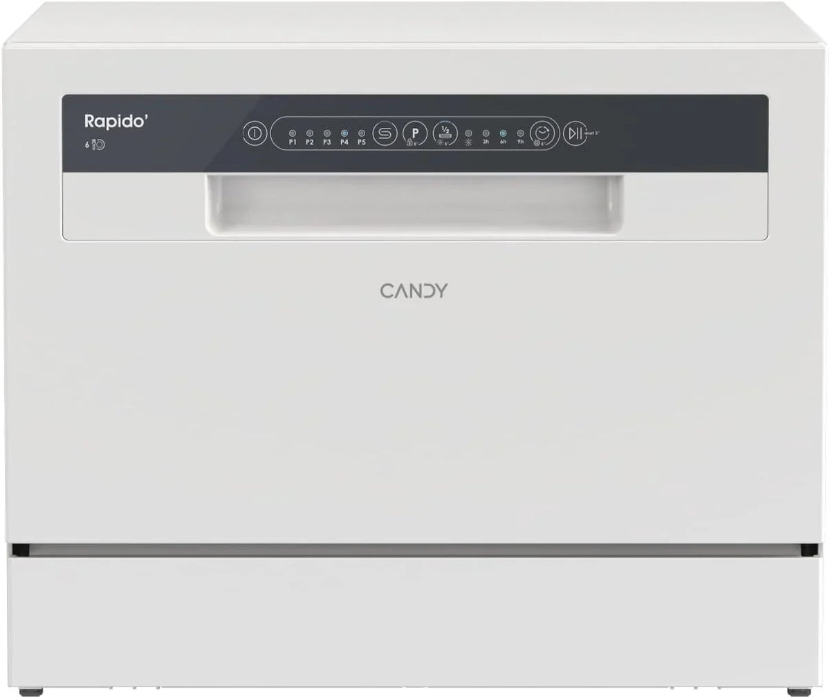 Candy CP 6E51LW Lavavajillas pequeño y compacto, 6 servicios, digital, 51 dBA, 5 ciclos, media carga, inicio diferido 3-6-9 horas, indicador de sal y abrillantador, indicador de fin de ciclo, blanco