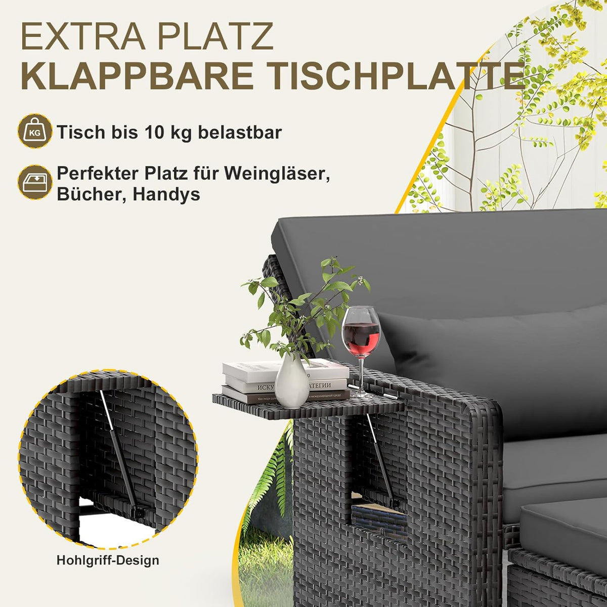 Muebles de salón de ratán para exteriores UDPATIO, muebles de balcón, sofá de jardín con taburete, sofá de ratán con espacio de almacenamiento, cama de jardín ajustable de 2 plazas para terraza, balcón, jardín, gris jaspeado y fundas gris oscuro