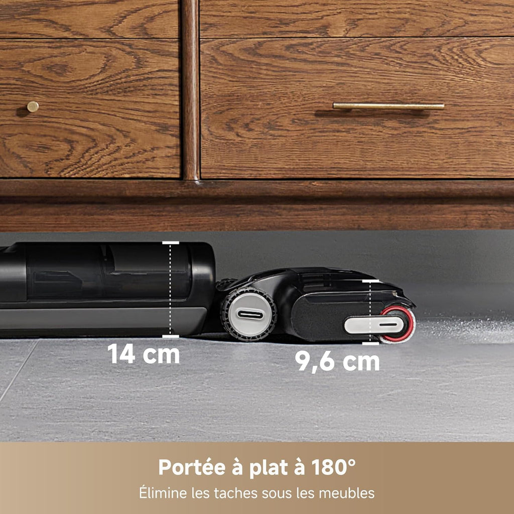 Aspiradora y fregadora Dreame H12 Pro FlexReach, alcance plano de 180°, secado en 5 min, succión de 18 000 Pa, lavado con agua caliente a 90 °C, limpieza de dos bordes, 50 minutos de autonomía.