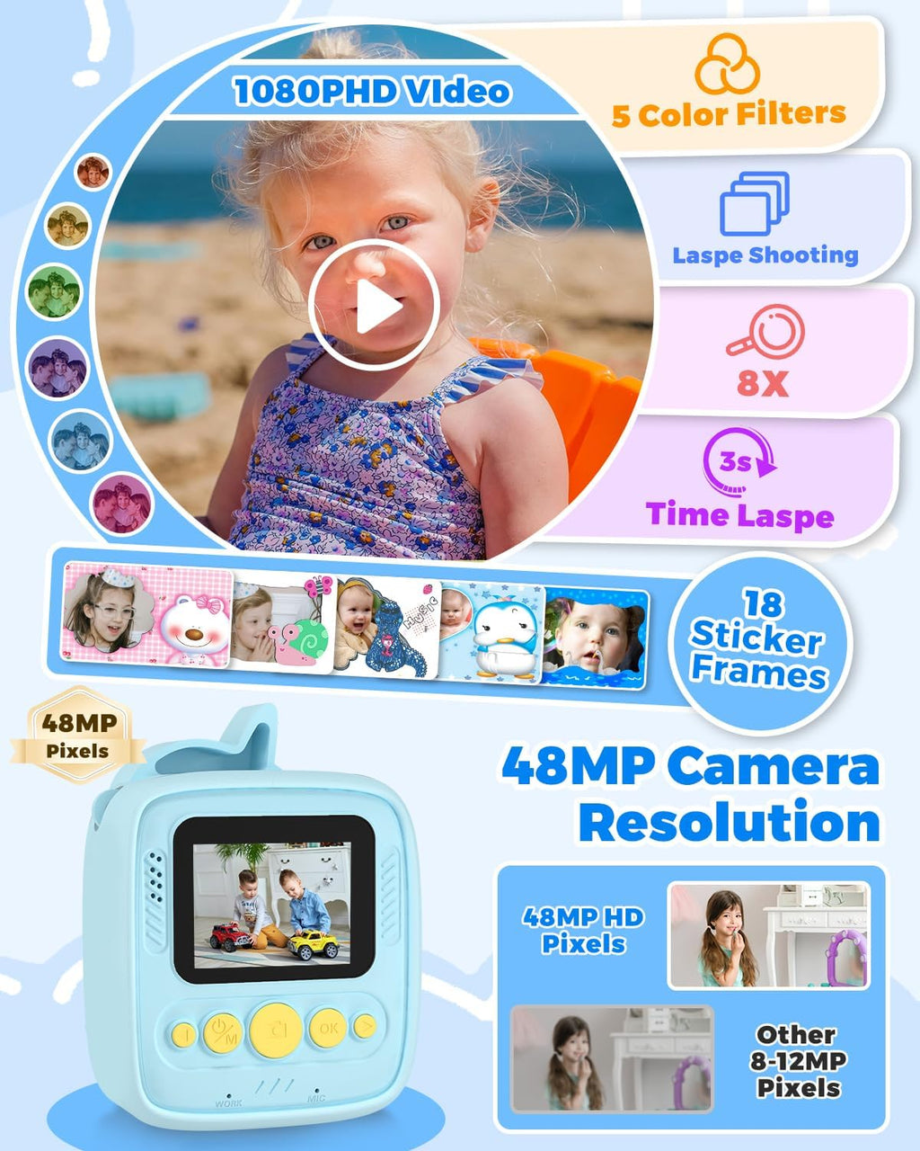 Cámara de fotos instantánea para niños, cámara HD de 48 MP con papel de impresión y tarjeta de 32 GB, juguete de regalo para niños y niñas de 3 a 12 años (azul)