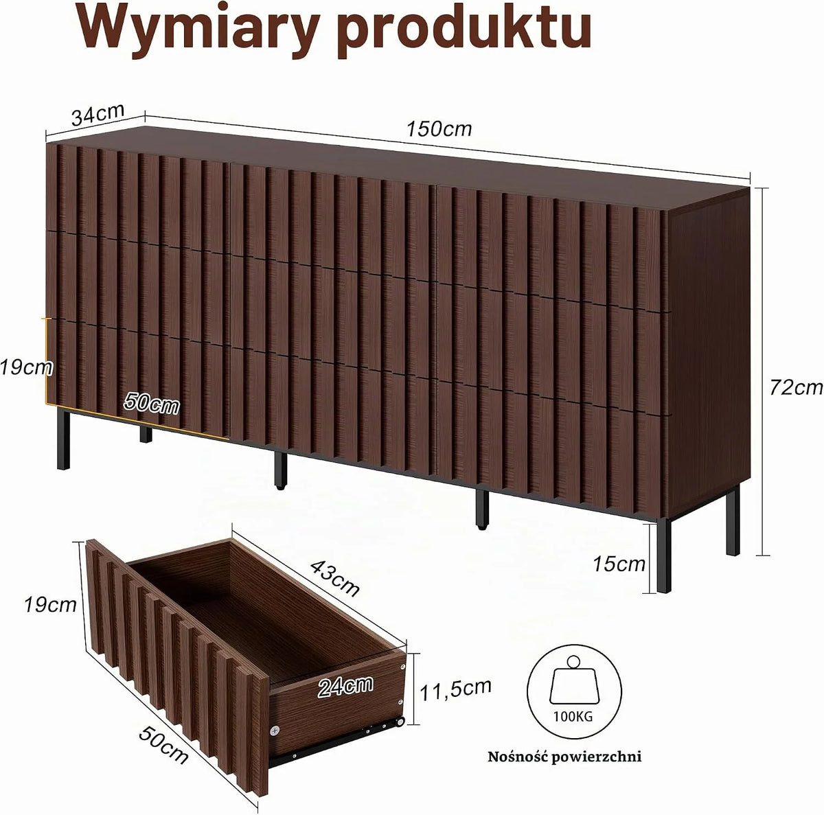 UEV Komoda z 9 szufladami 150 cm, wąska komoda, duża przestrzeń do przechowywania, szafa z dużym sufitem, do salonu, sypialni, biura, metalowych nóżek, 150 x 34 x 72 cm, orzech