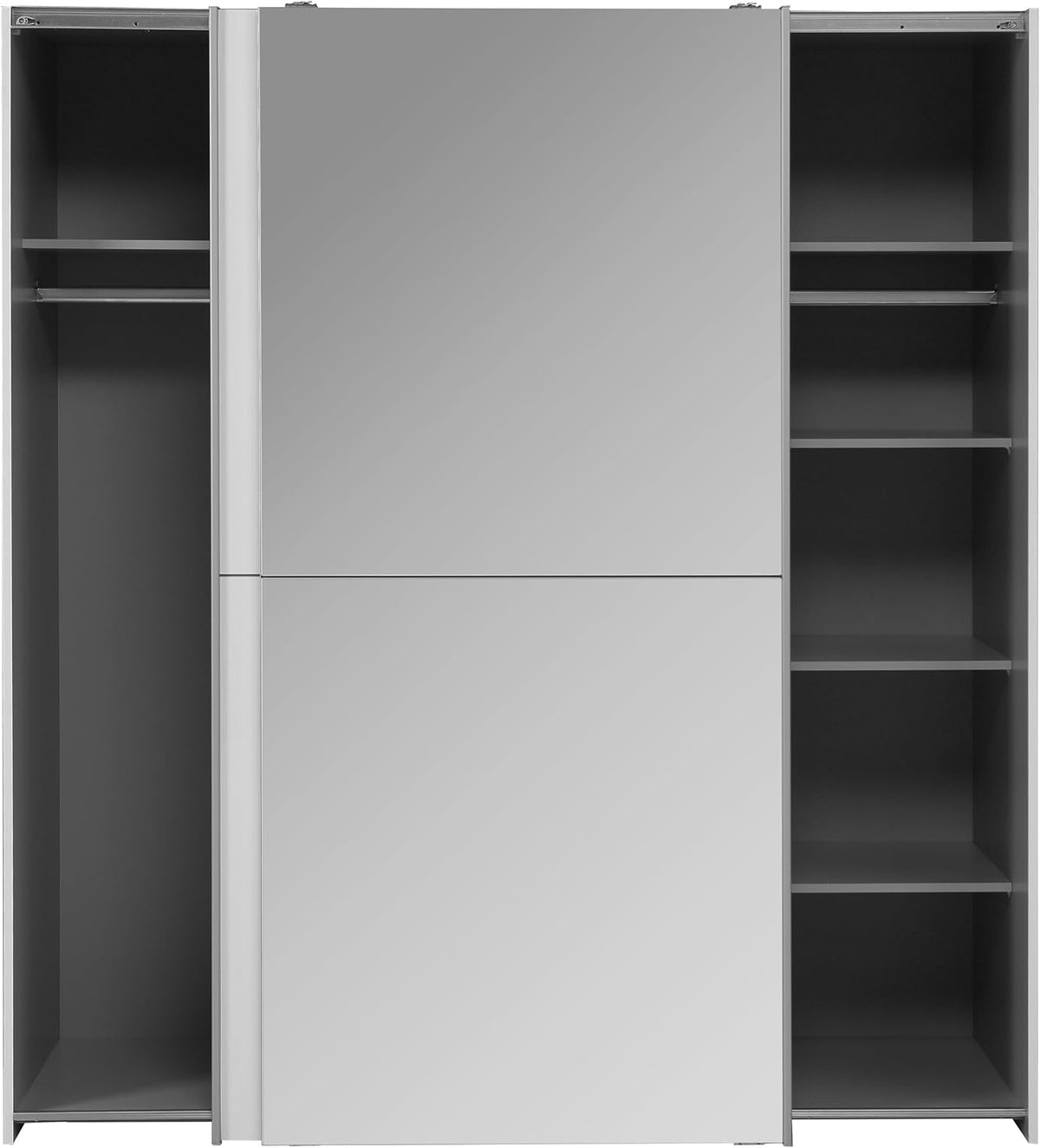 Armario Forte KAIKAIS 170, moderno armario de puertas correderas, 2 puertas, espejo, dormitorio, aglomerado de madera, blanco alto brillo, 170,3 cm de ancho x 190,5 cm de alto x 61,2 cm de profundidad