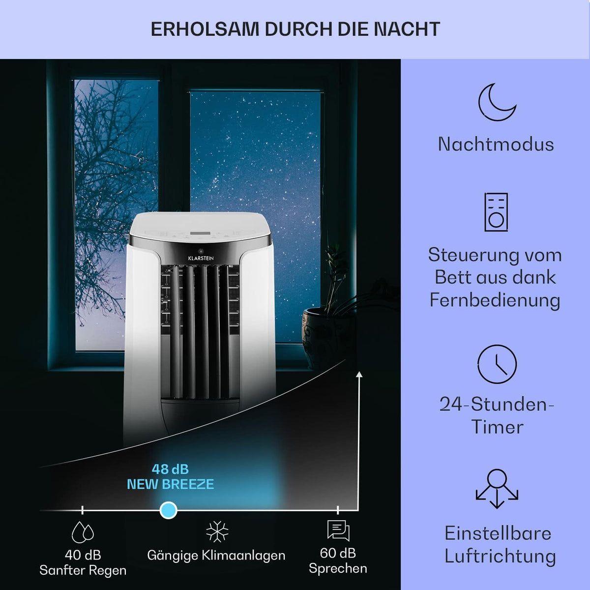 Aire acondicionado portátil Klarstein con manguera de escape, unidad 3 en 1 con ventilador y deshumidificador, aire acondicionado pequeño y portátil para hogar y oficina, aire acondicionado de 10 000 BTU de bajo consumo