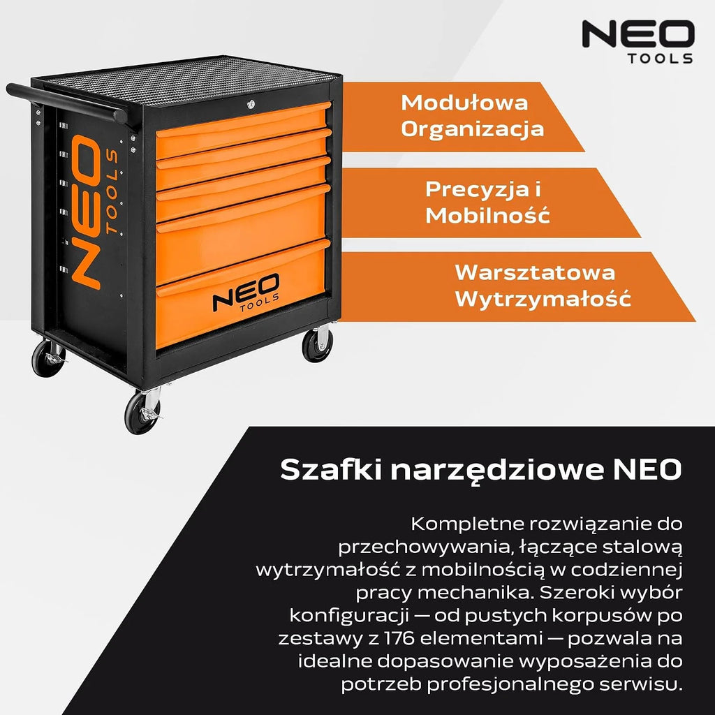NEO TOOLS Wózek warsztatowy wypełniony narzędziami, 117-częściowy | 5 półek – szuflady z łożyskiem kulkowym – centralnie zamykany – mata antypoślizgowa – kółka obrotowe – hamulec postojowy – wózek