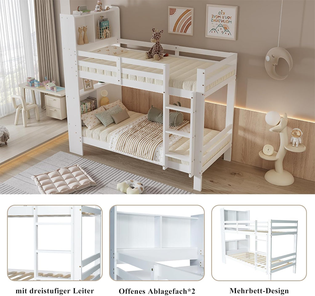 Cama infantil de 90x200 con estantes y escalera, cama funcional litera para 2 niños, litera cama alta juvenil con almacenamiento y somier, cama juvenil con marco de madera maciza, sin colchón, blanca