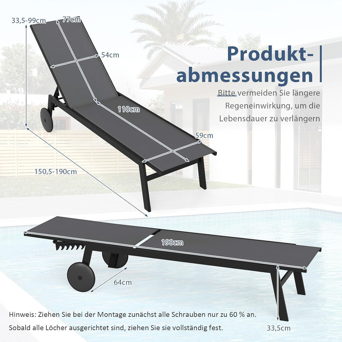 COSTWAY Juego de 2 tumbonas con ruedas, silla de jardín con respaldo ajustable y tela de secado rápido, tumbona con ruedas con capacidad de carga de hasta 150 kg, silla para jardín, balcón, terraza (gris)
