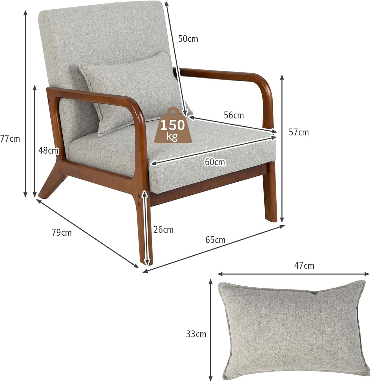 COSTWAY Fotel do salonu, tapicerowany, nowoczesne krzesło, drewno, z podłokietnikami, jednoosobowa sofa do salonu, sypialni, 65 x 79 x 77 cm, szary