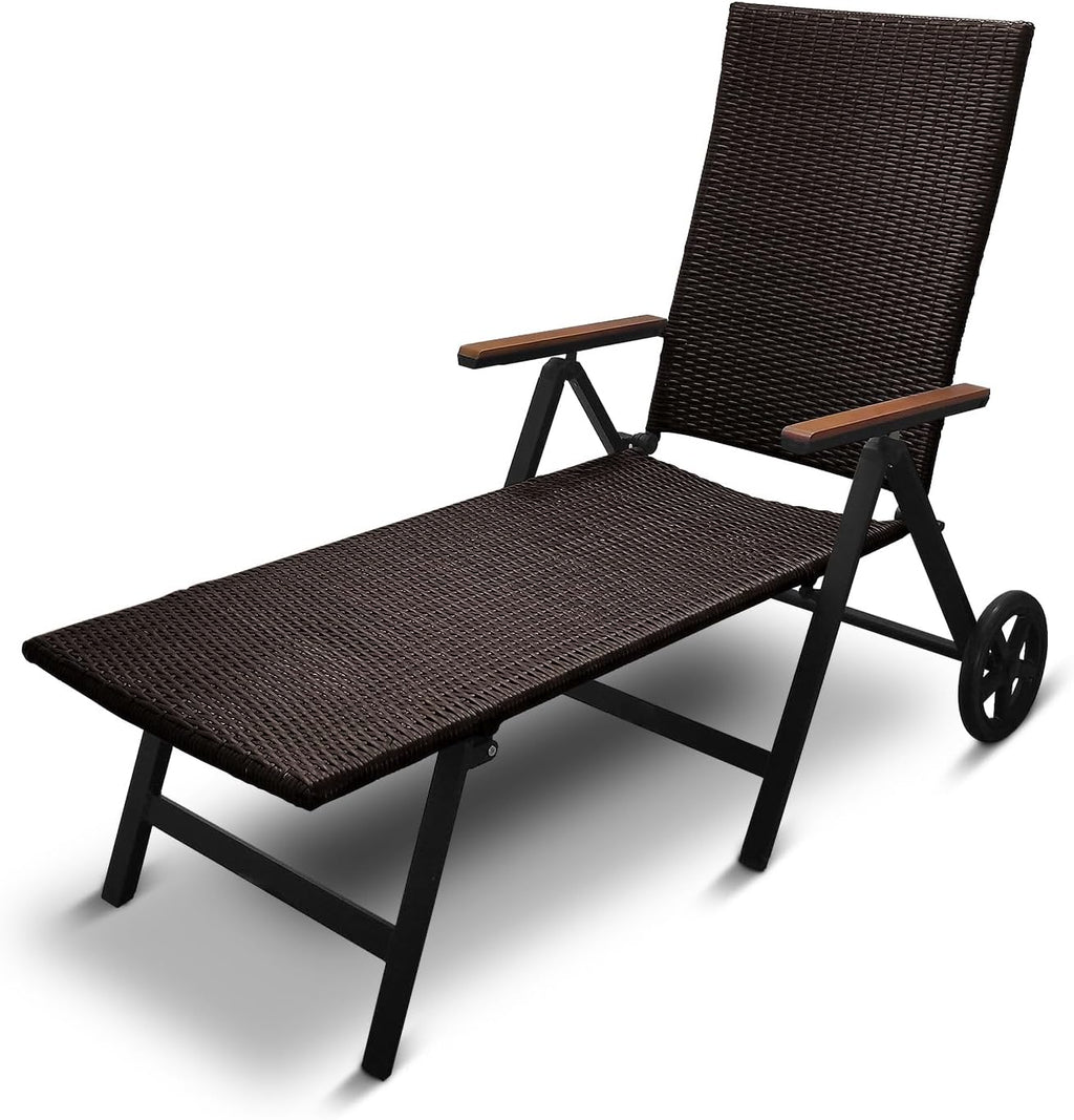 Tumbona plegable de aluminio y ratán sintético, 120 kg de capacidad, color marrón, nueva