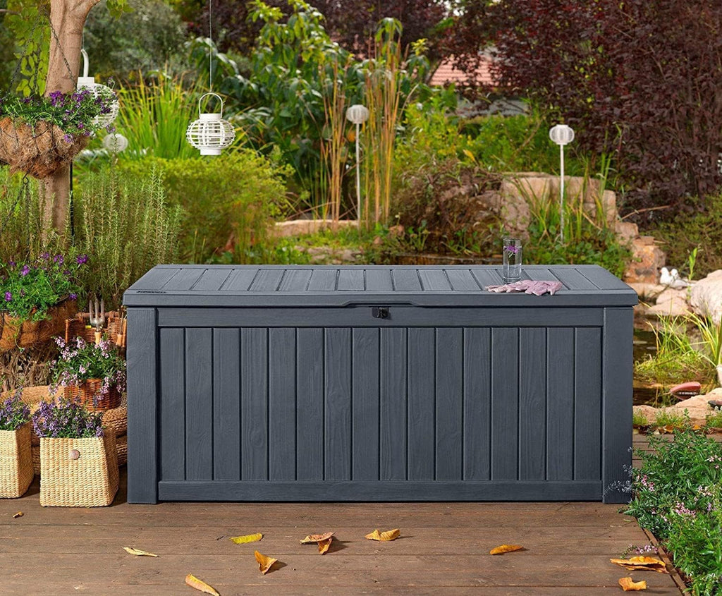 Caja de almacenamiento para jardín de 570 litros, arcón para cojines con ventilación, aspecto de madera, resistente a la intemperie y con pistón de gas