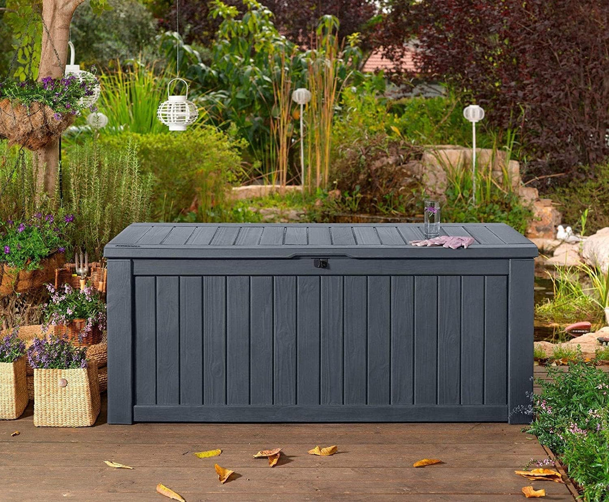 Caja de almacenamiento para jardín de 570 litros, arcón para cojines con ventilación, aspecto de madera, resistente a la intemperie y con pistón de gas