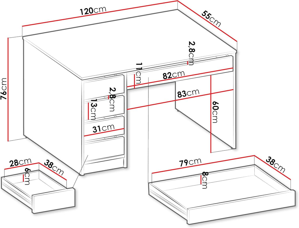 Escritorio Ada de Mirjan24, 5 cajones, escritorio para estudiantes, mesa de ordenador, escritorio infantil, mesa de trabajo, mesa para PC, habitación juvenil, habitación infantil (Nuez Okapi)
